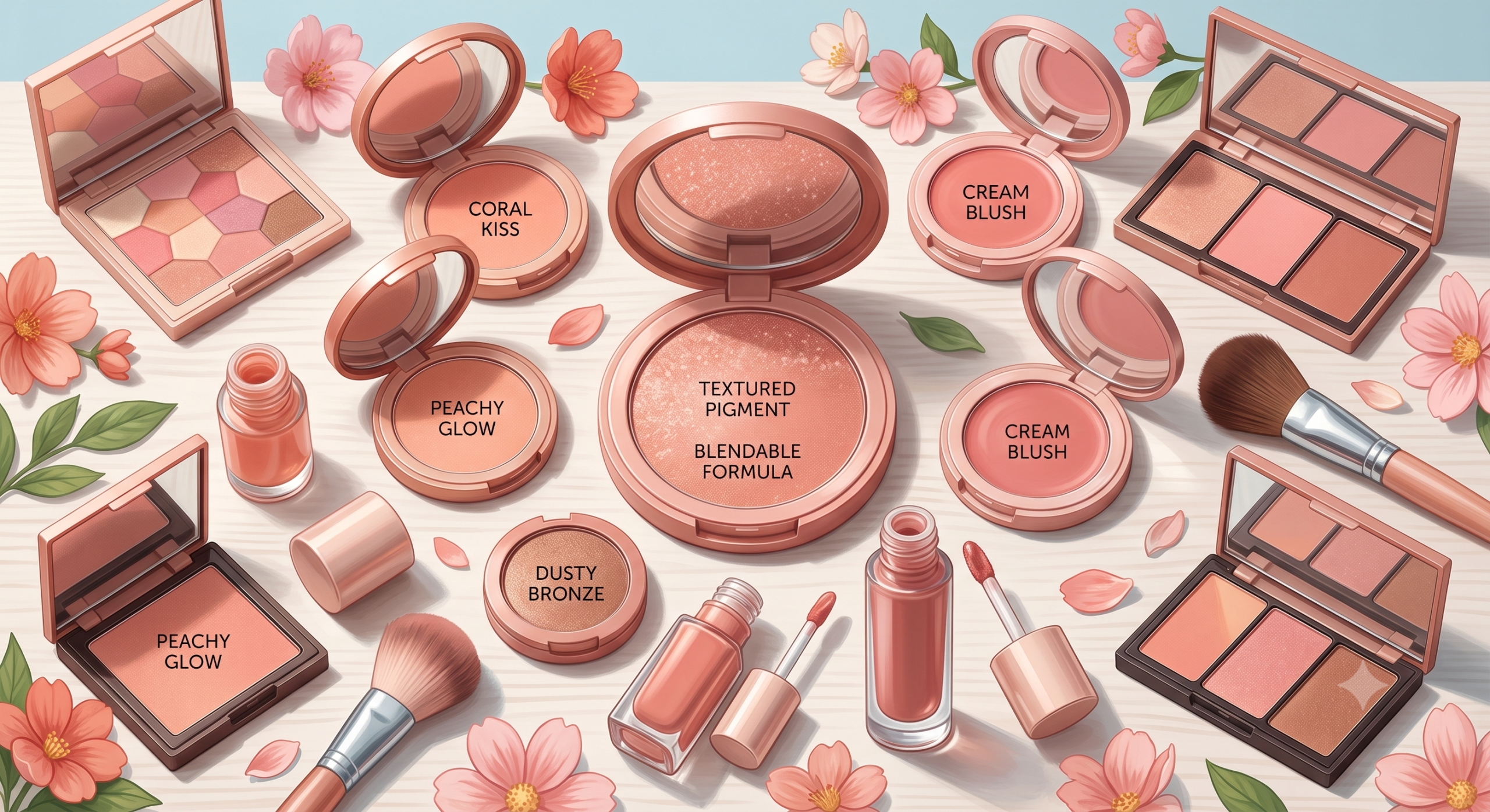 Pretty makeup blushes aesthetically arranged with delicate pink cherry blossom petals