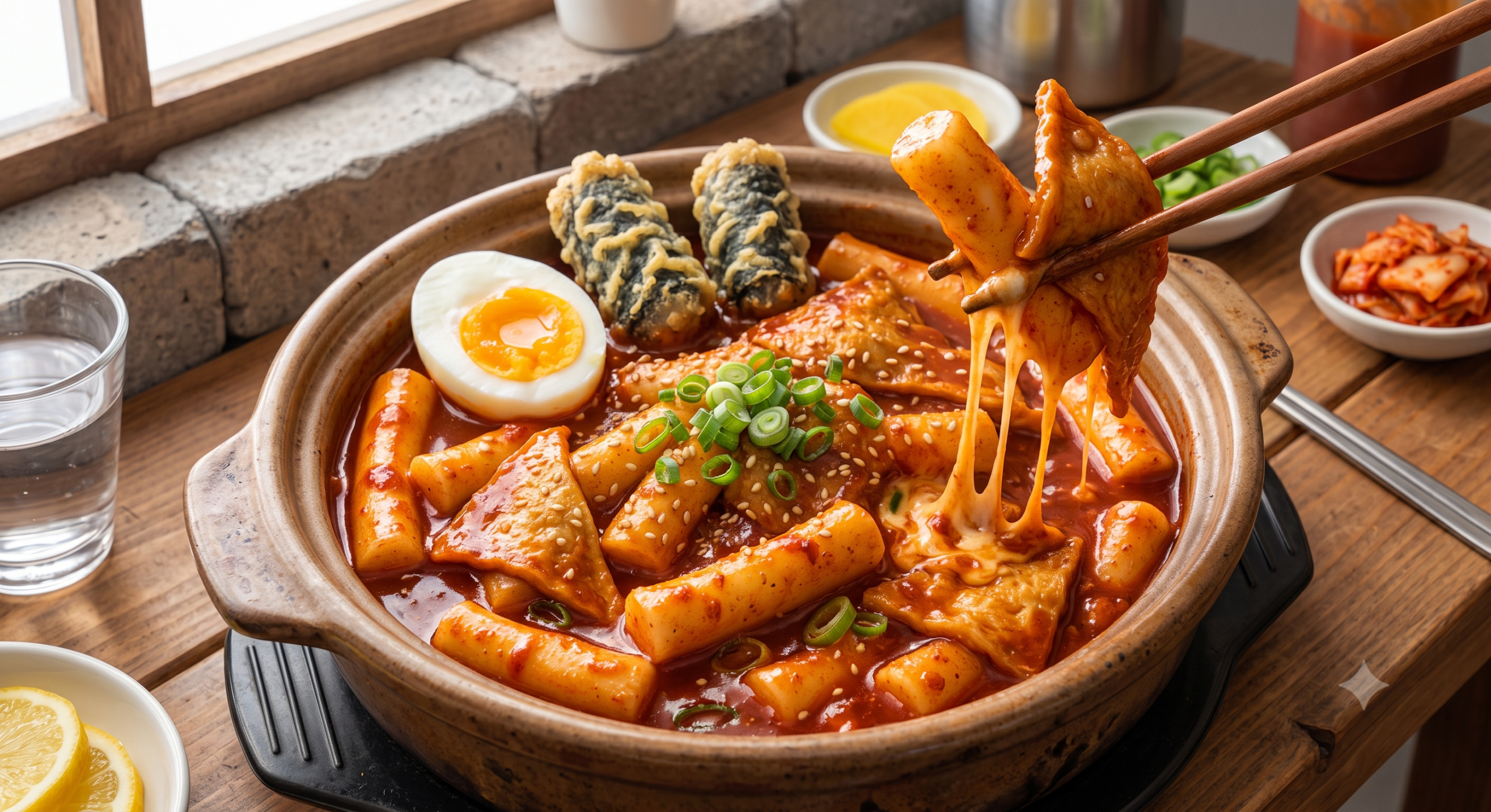 Delicious spicy tteokbokki topped with a boiled egg and crispy gimmari seaweed rolls