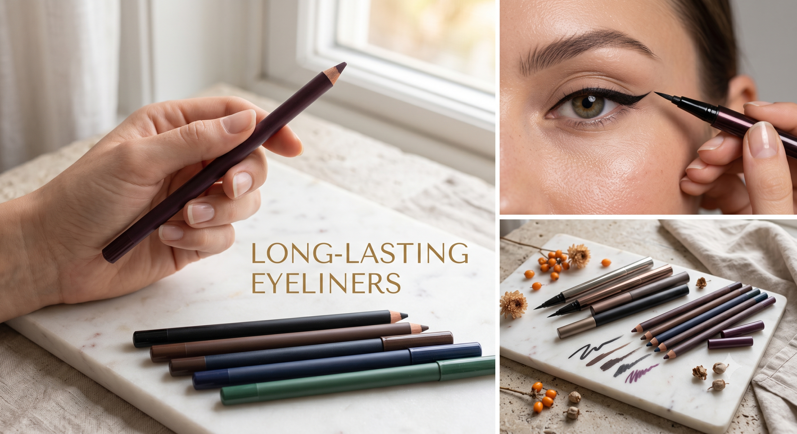 Images showcasing different types of eyeliner products. The top left shows a hand holding a pencil eyeliner. The top right is a close-up shot applying liquid eyeliner to a model's eye. The bottom is a product photograph featuring various colors of pencil and liquid eyeliners, along with swatches showing the product applied to a surface.