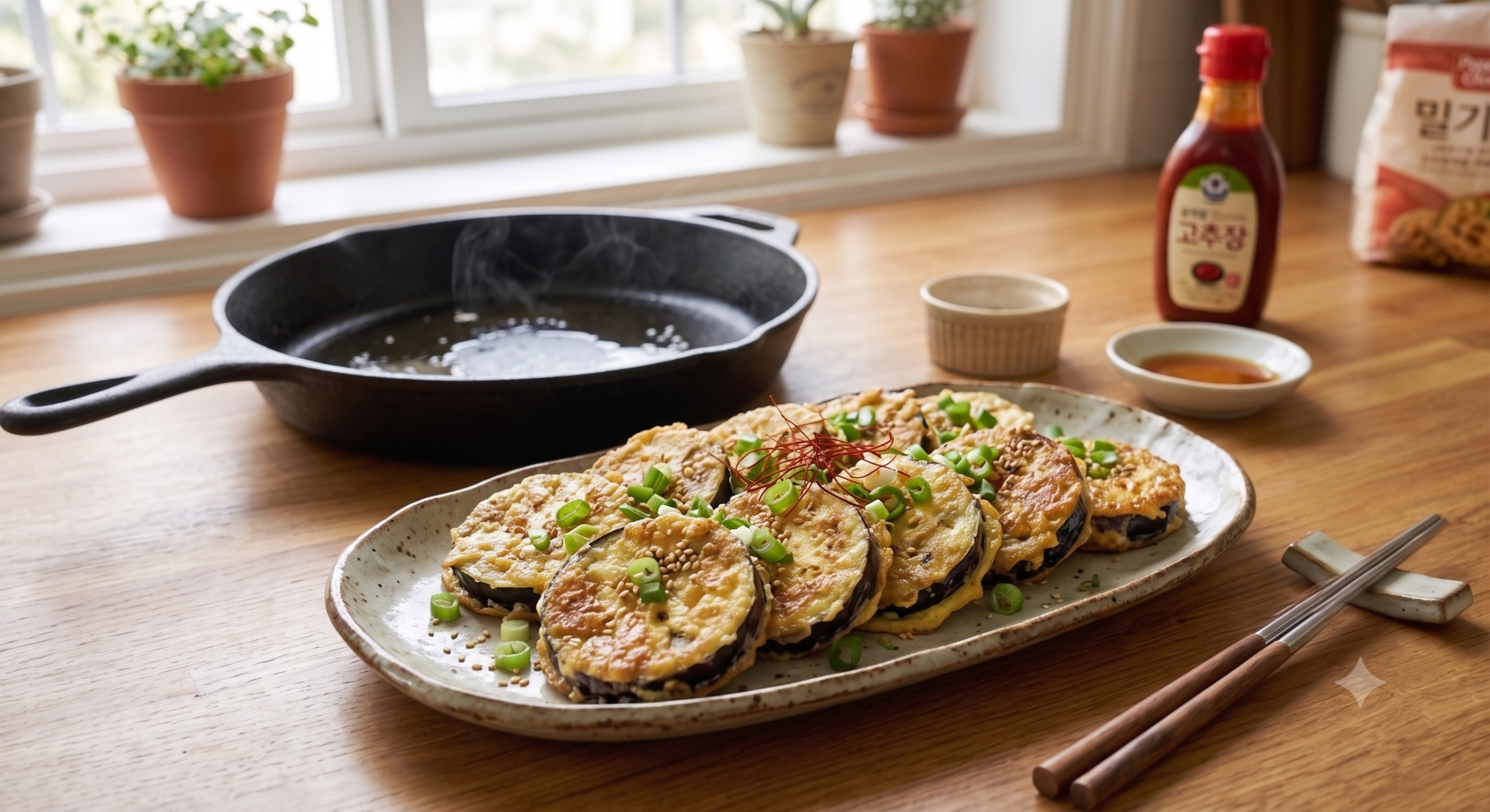 A three-step photographic sequence showing the process of making Gajijeon. The first photo shows a kitchen counter set with ingredients including flour, eggs, salt, eggplant, and a frying pan. The second photo shows eggplant being sliced into rounds on a cutting board. The third photo shows the eggplant slices being pan-fried in an oiled pan.