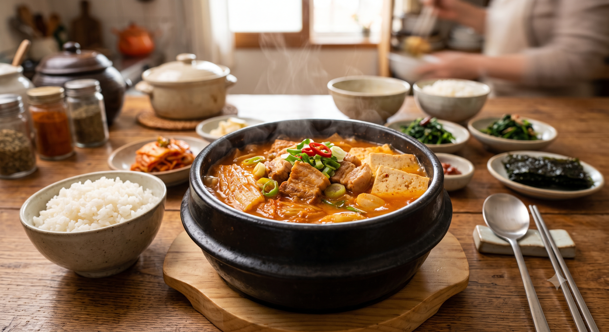 Steaming hot pork kimchi jjigae served in a traditional Korean earthenware pot (ttukbaegi)