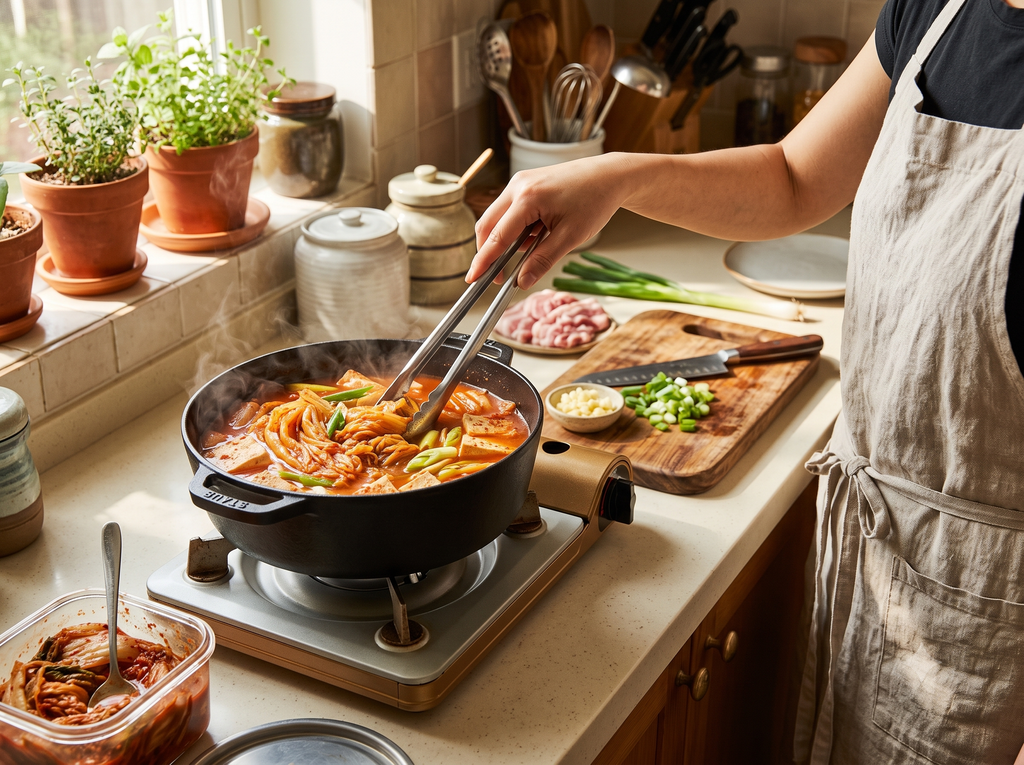 A candid, natural-light photo of a person in a linen apron preparing Kimchi Jjigae (Korean kimchi stew) in a brightly lit home kitchen. A black cast iron pot sits on a portable burner, bubbling with red broth, kimchi, and tofu. The person uses metal tongs to stir the stew. Nearby, a wooden cutting board with chopped green onions, minced garlic, raw pork, and a container of fermented kimchi rest on the cluttered countertop near a window with potted plants.
