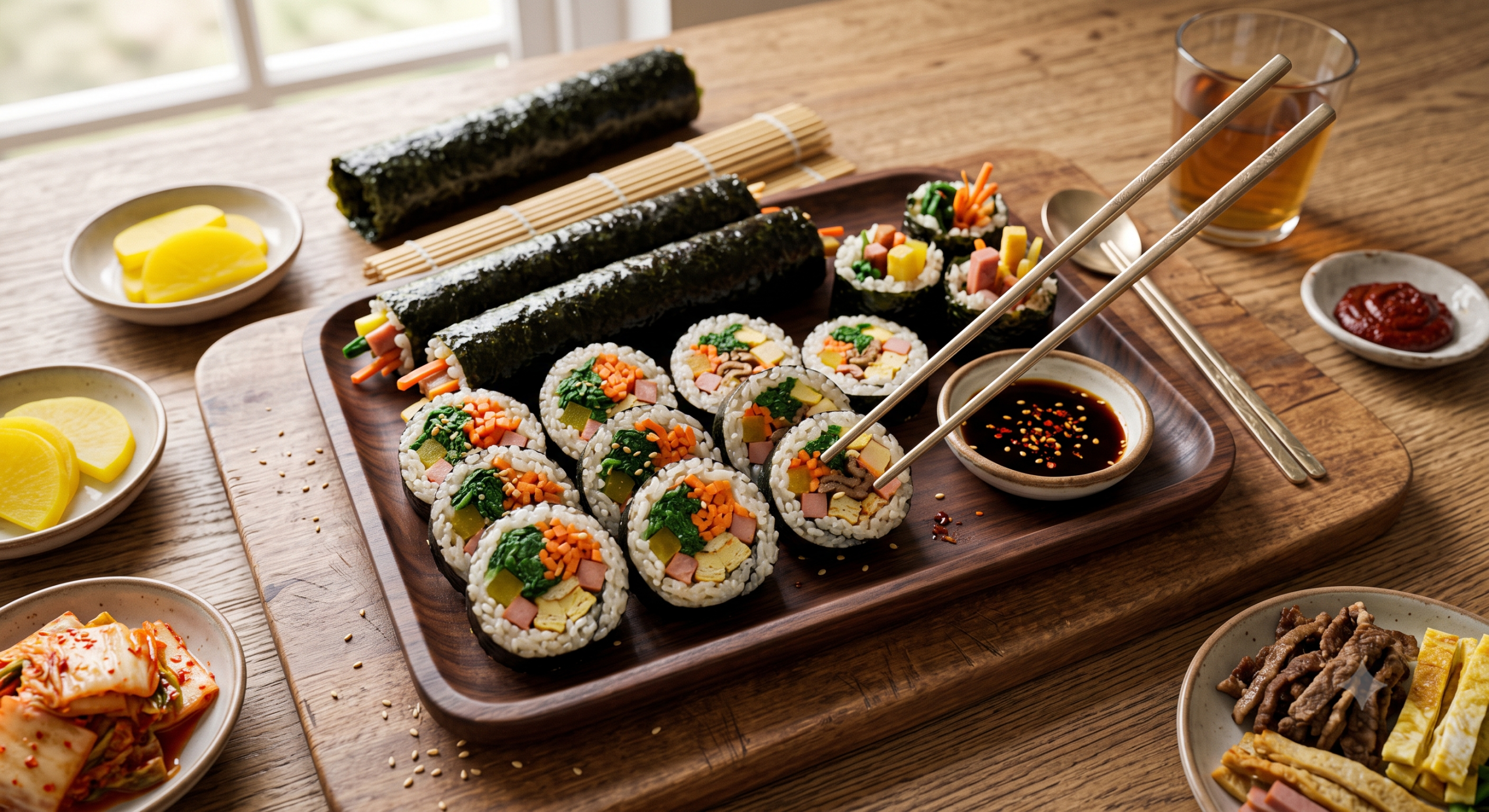 Two whole rolls of delicious Korean gimbap and neatly arranged bite-sized slices on a plate
