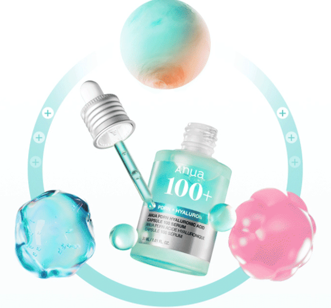 Anua PDRN Hyaluronic Acid Capsule 100 Serum bottle with a dropper and moisturizing spheres on a light background