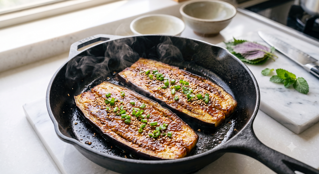 Miso Glazed Eggplant steak cooking in a Lodge cast iron skillet with steam, garnished with chopped scallions and sesame seeds, on a kitchen counter with fresh shiso leaves and a knife.