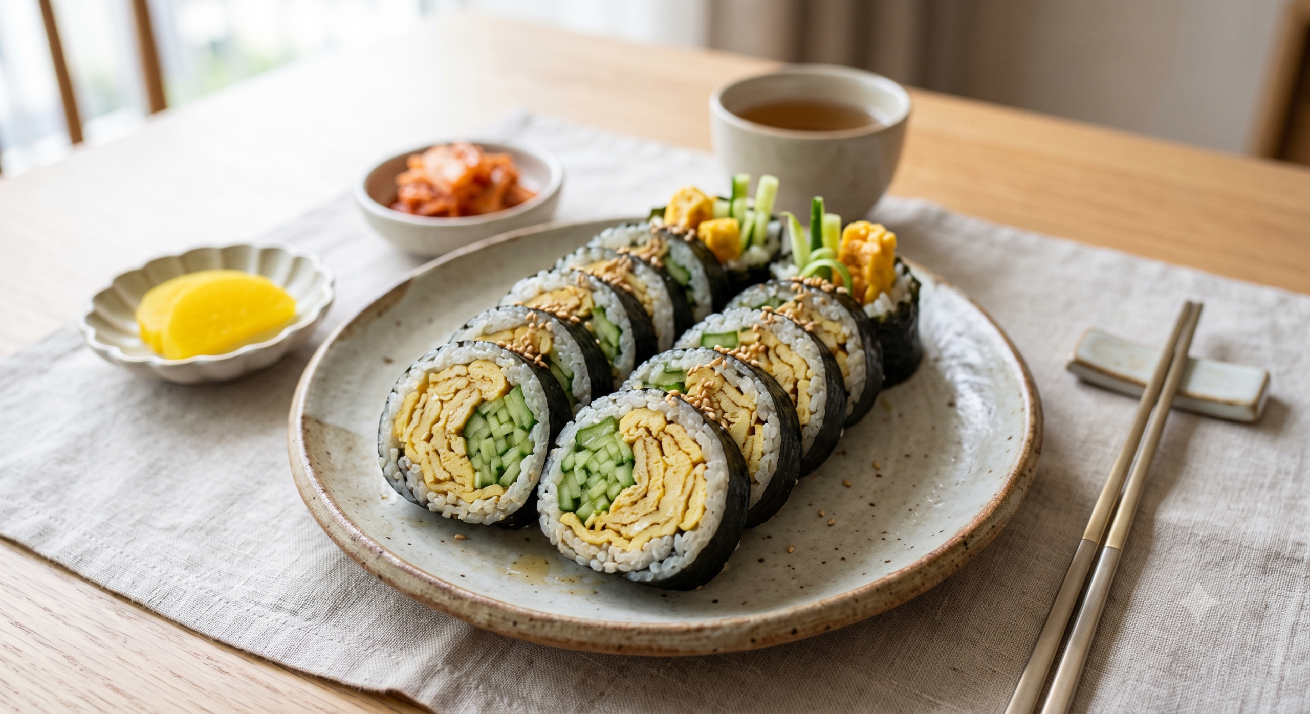 Sliced Korean egg and cucumber gimbap neatly served on a ceramic plate with kimchi, pickled radish, and tea