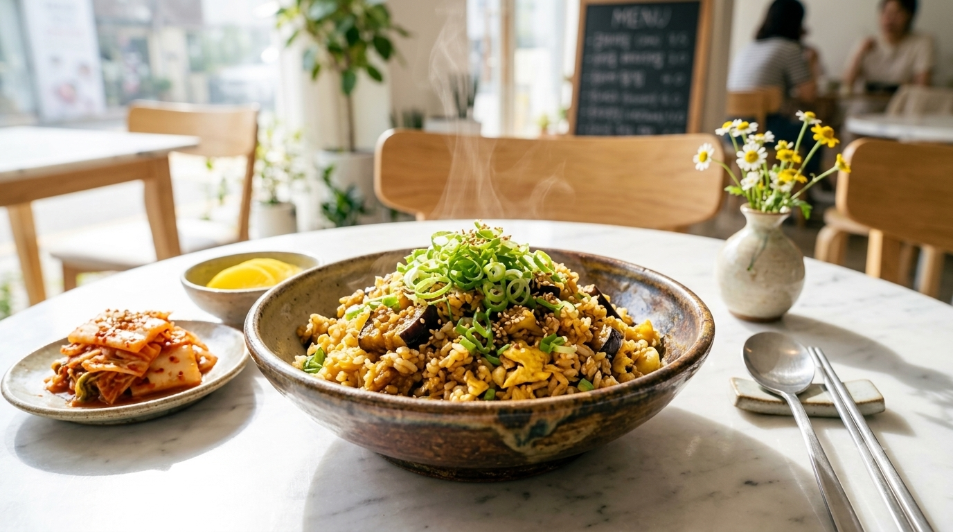 A steaming ceramic bowl of mouth-watering golden scallion and egg fried rice garnished with fresh chopped green onions, set on a bright white marble dining table beside kimchi, yellow pickled radish, and a small vase of delicate flowers.