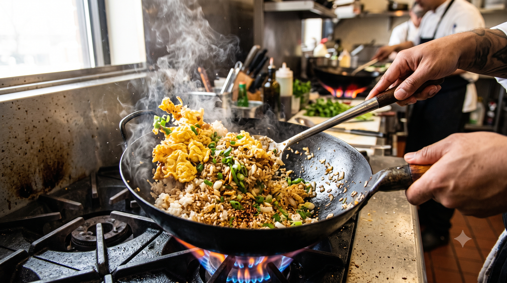 A sizzling hot wok over a stove filled with golden fluffy scrambled eggs, fragrant chopped green scallions, and glistening grains of fried rice, with steam rising in dynamic culinary action.