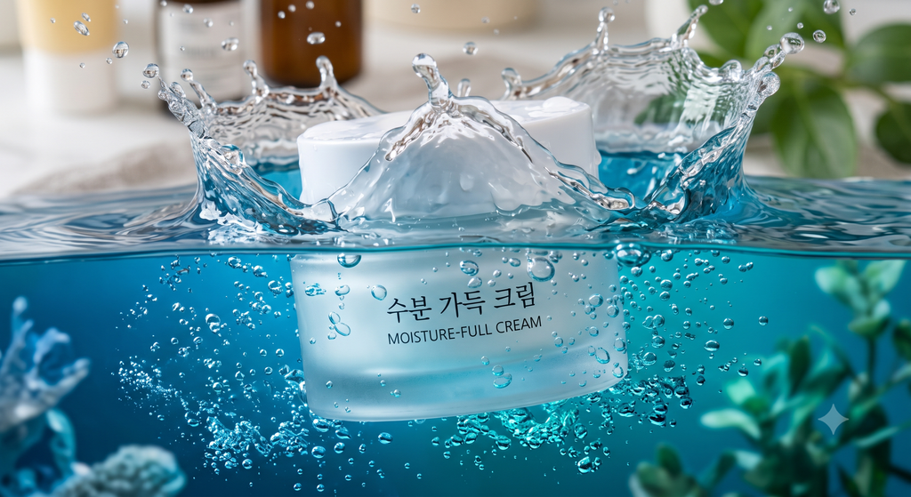 A clear, frostd-glass jar of Korean facial moisturizer, labeled in Hangul (수분 가득 크림) and English (MOISTURE-FULL CREAM), creating a dynamic water splash as it is submerged in deep blue, bubbling water. The upper portion shows dynamic water plumes, while the lower portion is immersed with tiny, floating bubbles, set against a background of natural botanicals and skincare bottles.