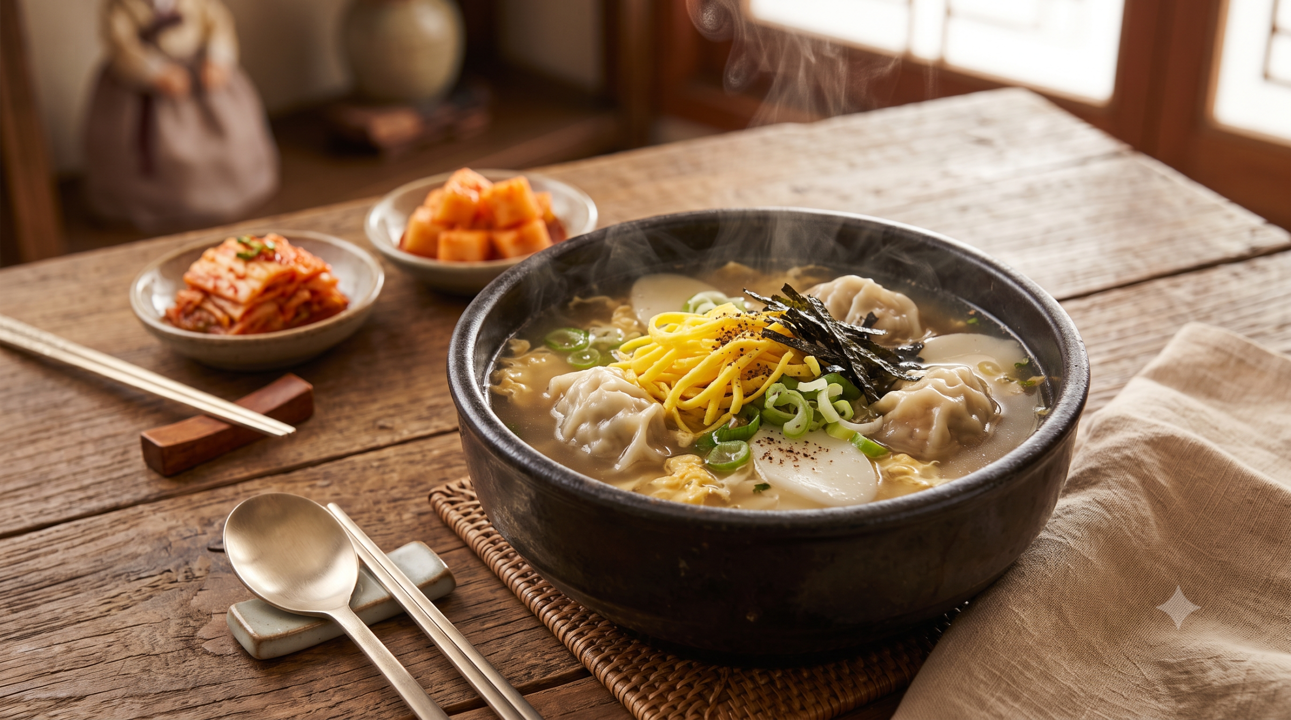 Traditional Korean tteok-manduguk, rice cake and dumpling soup served in a ceramic bowl with kimchi side dishes on a rustic table.