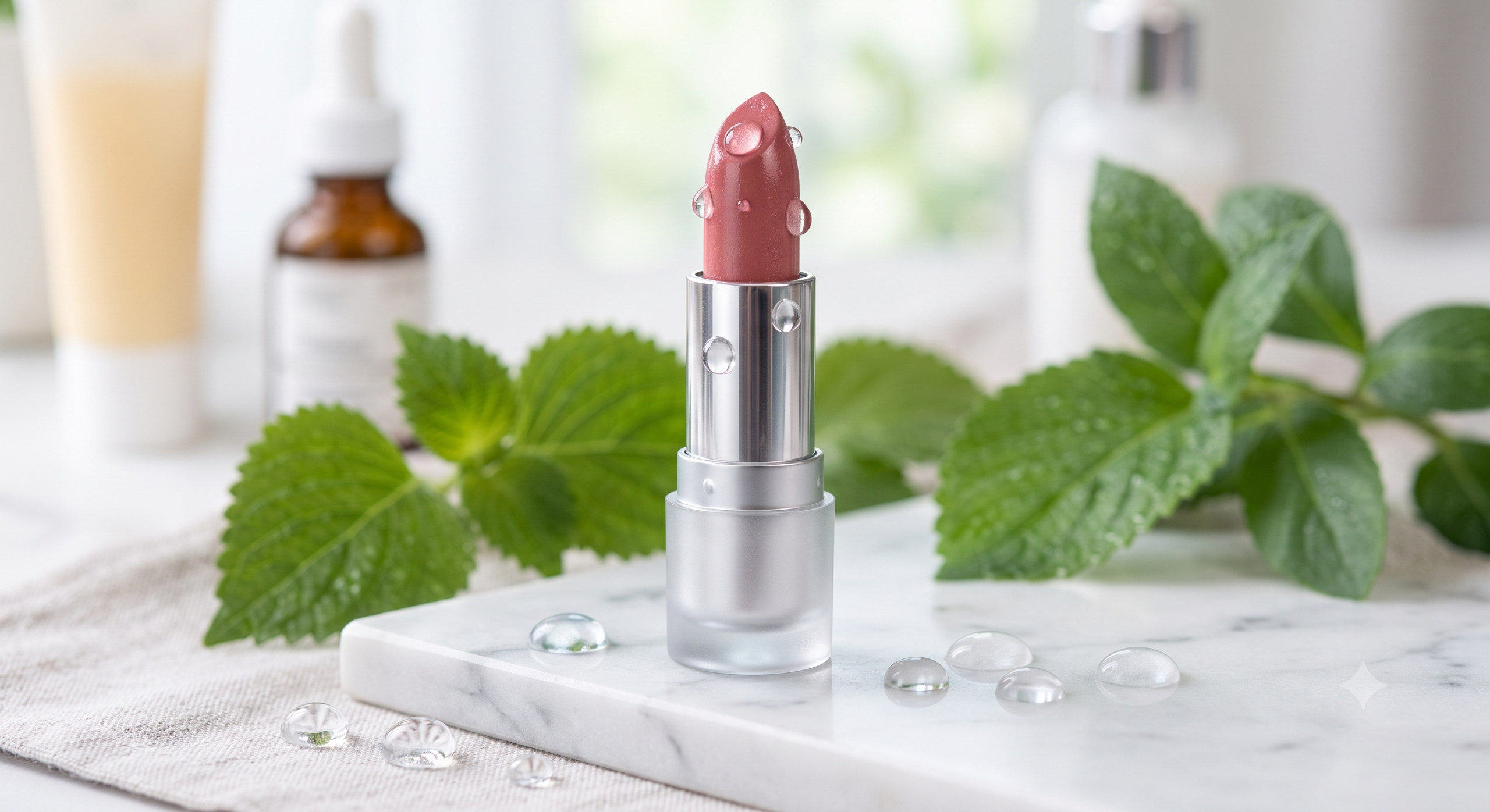A macro photograph of a dusty rose pink lipstick in a silver and frosted metal casing, with a single clear water droplet on its tip. It stands on a white marble slab with loose water beads, surrounded by fresh perilla and mint leaves. In the softly blurred background are skincare bottles, including one amber bottle labeled 'HYDRATE & REFRESH'.
