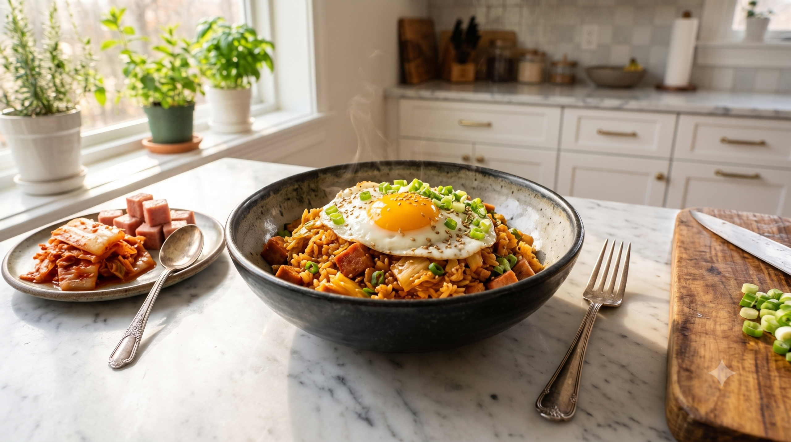 A mouth-watering bowl of spam kimchi fried rice topped with a sunny-side-up egg and green onions on a bright kitchen counter.