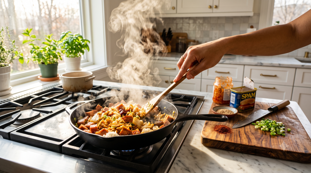 Cooking delicious spam and kimchi fried rice in a frying pan on a modern kitchen stove with rising steam.
