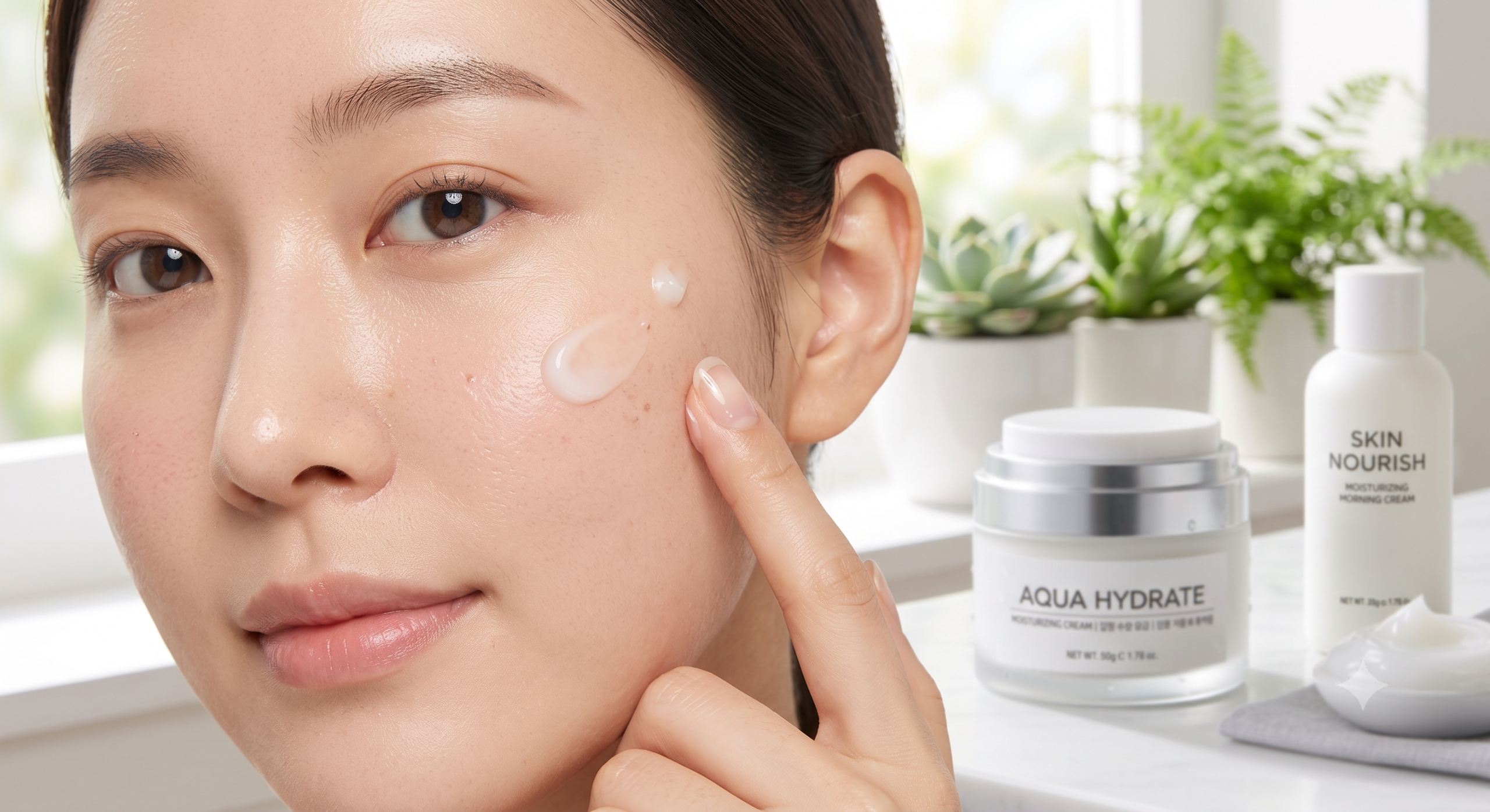 A young East Asian woman with glowing, dewy skin applies a clear serum-like moisturizer to her cheek, blending it with her finger, with a jar of 'AQUA HYDRATE' and a bottle of 'SKIN NOURISH' on a windowsill with potted plants and Korean text in the background.