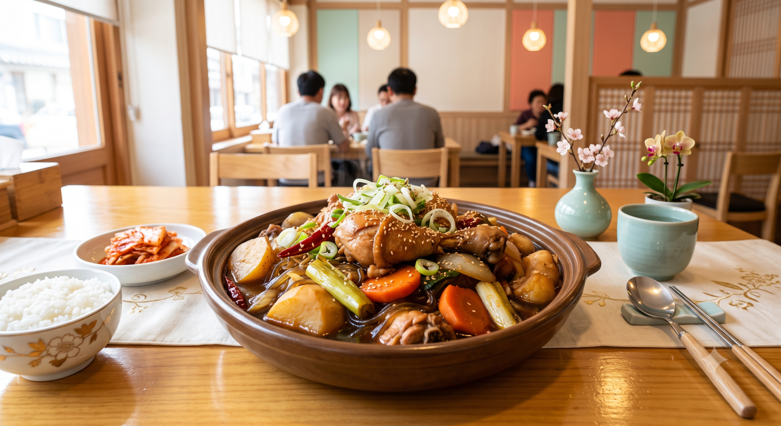 A large ceramic pot of Korean braised chicken stew (Andong Jjimdak) with potatoes, carrots, dangmyeon noodles, and scallions, served with a bowl of white rice, kimchi, and a vase of cherry blossoms on a wooden table in a traditional Korean restaurant.