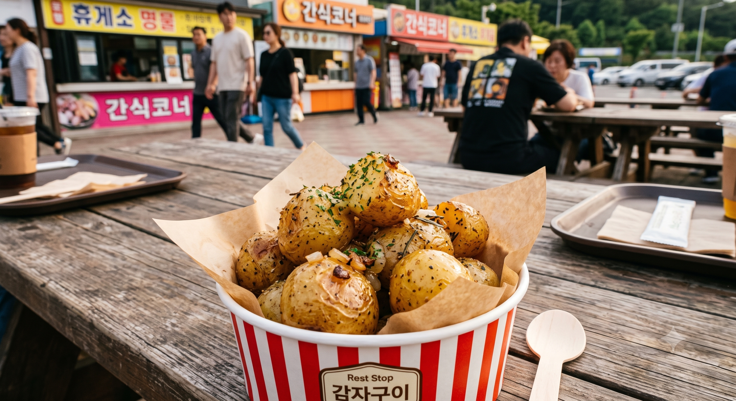 Roasted butter potatoes served in a patterned bowl at a Korean highway rest stop.