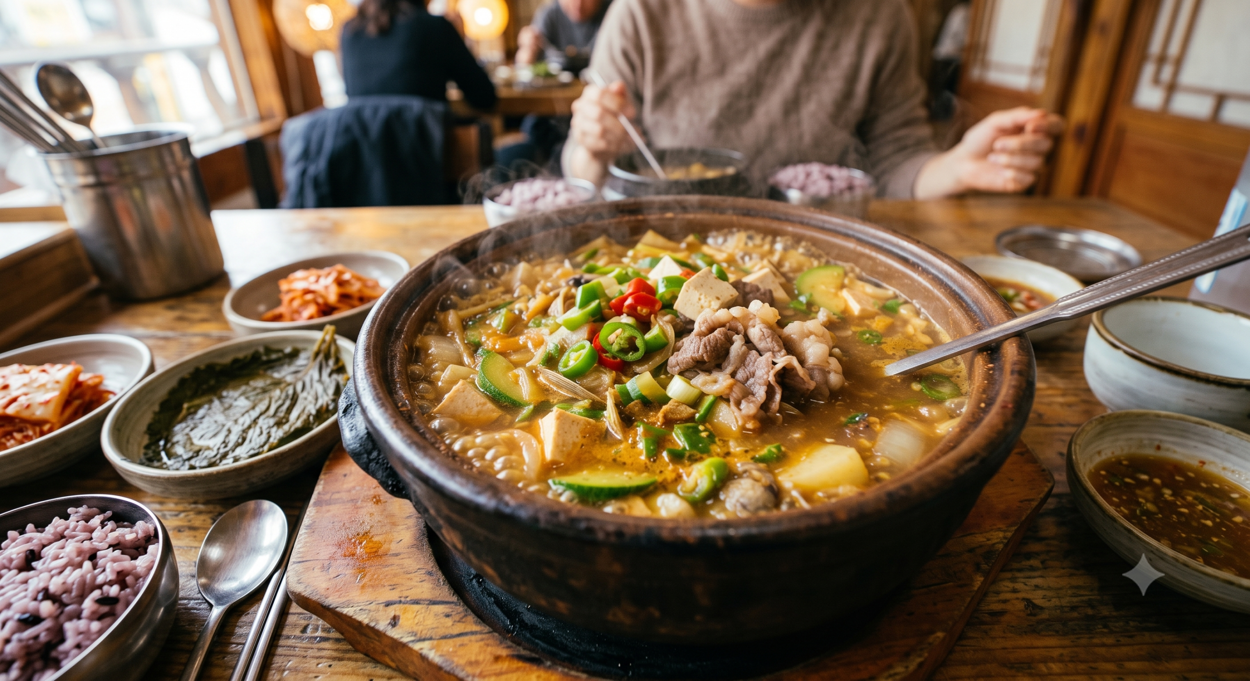 A piping hot Korean beef brisket soybean paste stew (Chadol Doenjang Jjigae) bubbling in a traditional earthen pot (ttukbaegi), packed with tender thin-sliced beef, cubed tofu, zucchini, mushrooms, potatoes, and sliced green chili peppers on a metal spoon.