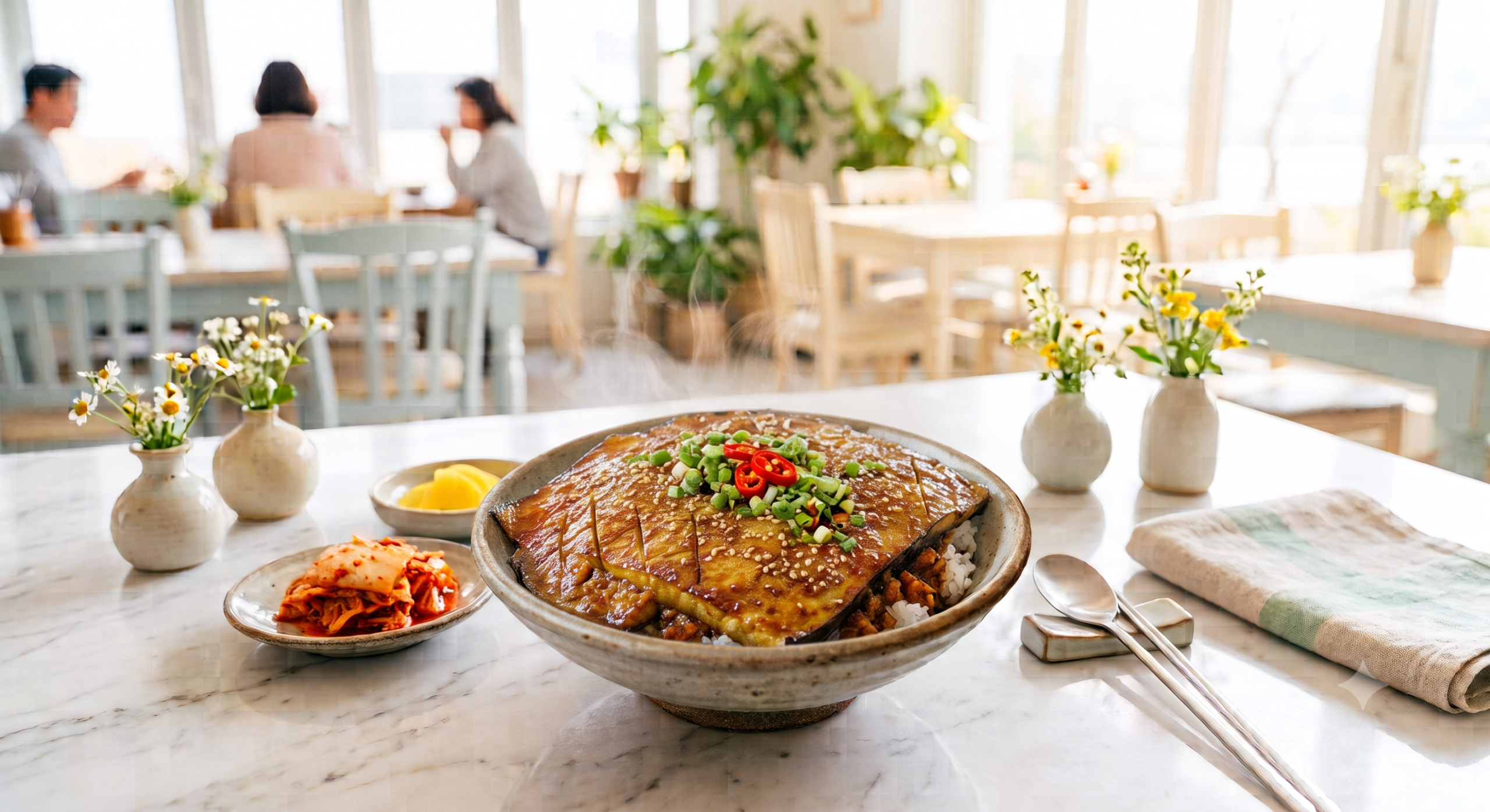 A macro, eye-level photograph of a steaming ceramic bowl of Korean rice topped with soy-braised eggplant cutlets, seasoned with ground pork, green scallions, red chili rings, and sesame seeds. The bowl is centered on a white marble tabletop, flanked by side dishes of kimchi and pickled radish, two vases of fresh chamomile-like flowers, and steel cutlery on a rest, with a softly blurred cafe interior and diners in the background.
