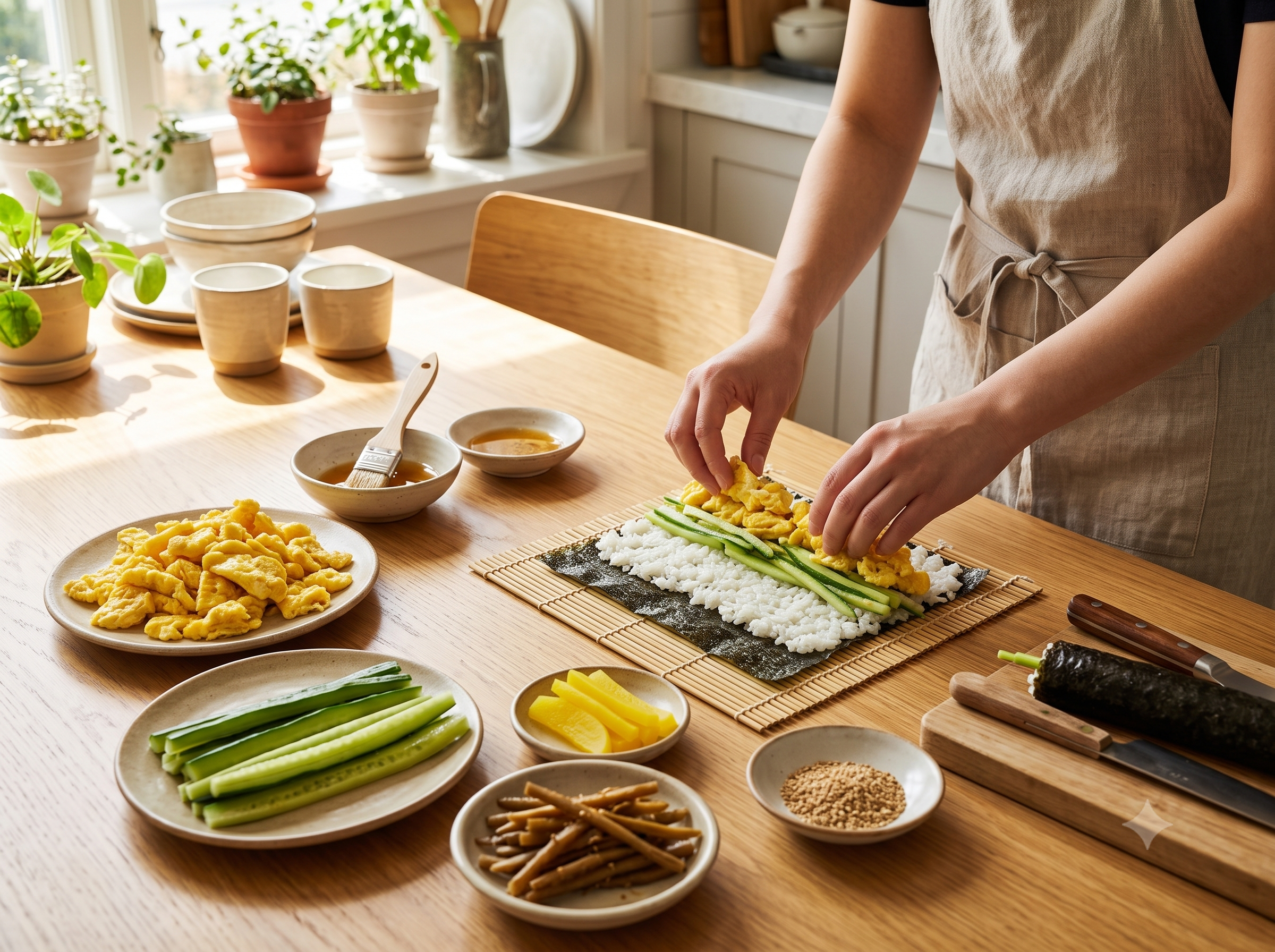 A candid overhead angle showing a person wearing a beige apron assembling Korean scrambled egg and cucumber gimbap on a sunlit wooden dining table (image_172.png). On a bamboo rolling mat, seaweed is layered with white seasoned rice, cucumber strips, and fluffy, golden-yellow scrambled egg pieces. Ceramic dishes containing julienned cucumbers, a large pile of scrambled eggs, yellow pickled radish, seasoned burdock root, sesame seeds, and sesame oil with a brush are arranged nearby next to a rolled gimbap roll and knife.
