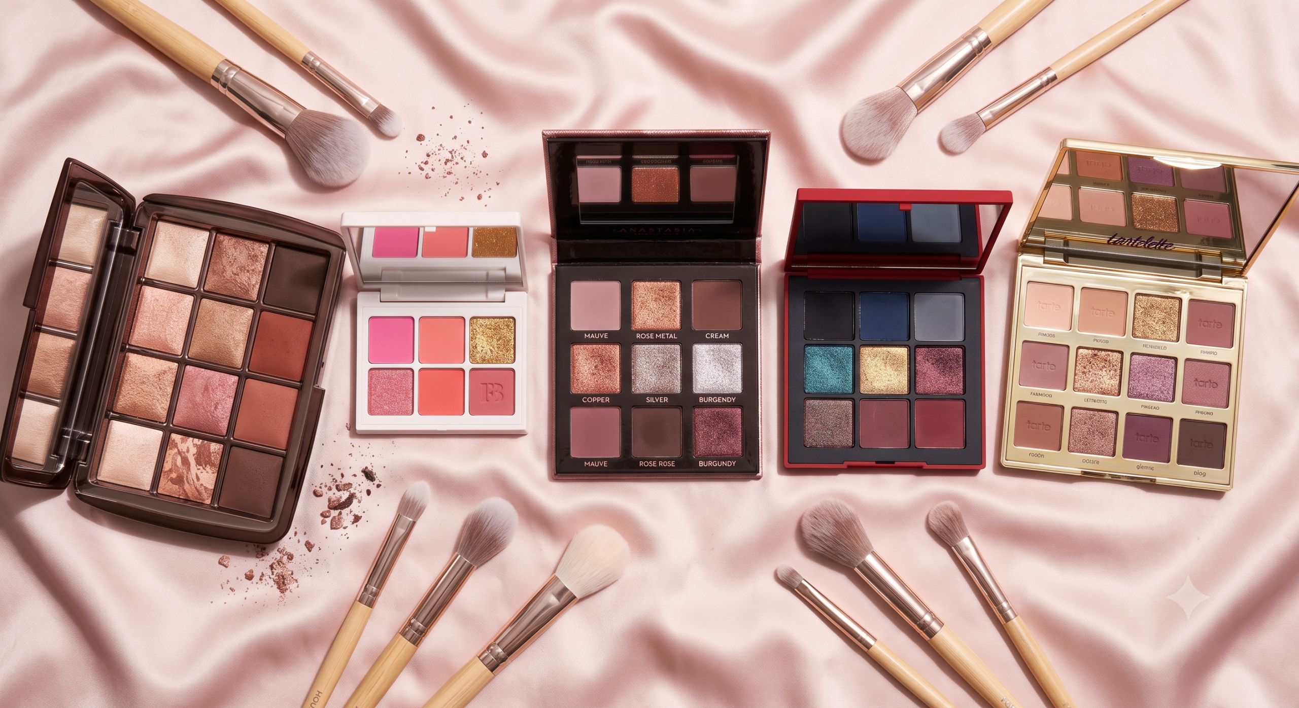 A flat lay arrangement of top 5 trending multi-shade eyeshadow palettes displayed open with matte and shimmer shades, soft makeup brushes, on an elegant silk fabric background in bright natural studio lighting.