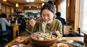 A smiling woman happily eating Korean seafood knife-cut noodle soup (Haemul-kalguksu) with a spoon and chopsticks, lifting steaming noodles and clams from a large ceramic bowl surrounded by traditional side dishes like kimchi in a cozy restaurant.
