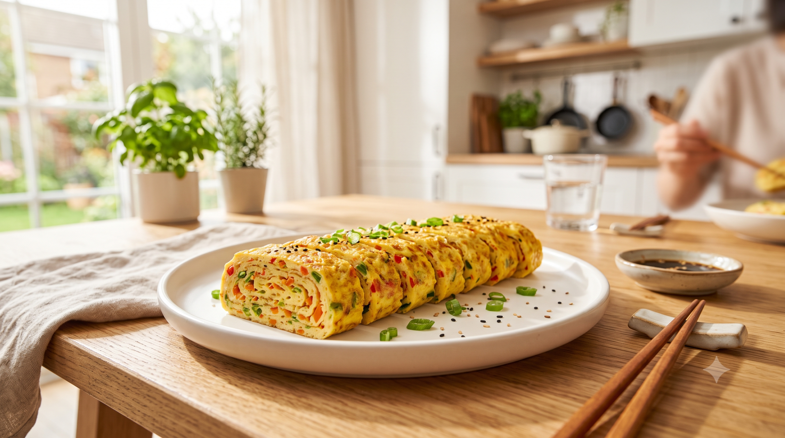 Thick and fluffy Korean rolled omelette (Gyeran-mari) neatly sliced on an elegant ceramic plate, displaying colorful layers of finely minced carrots and scallions on a bright wooden dining table.
