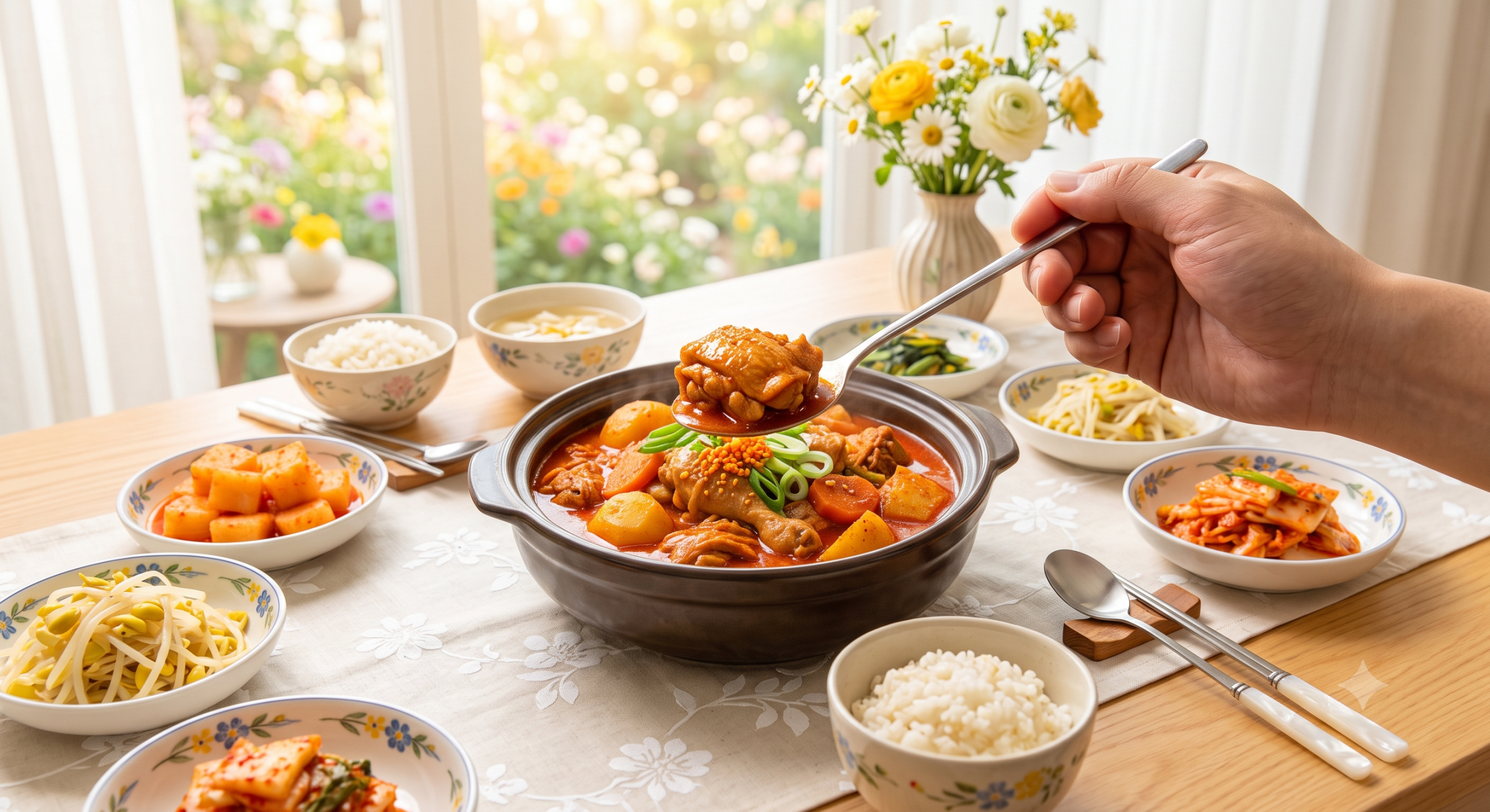 A hand holds a spoon lifting a piece of spicy Korean chicken stew (Dak-bokkeum-tang) from a ceramic pot on a dining table with diverse side dishes like kimchi and bean sprouts, in front of a sunlit garden window.