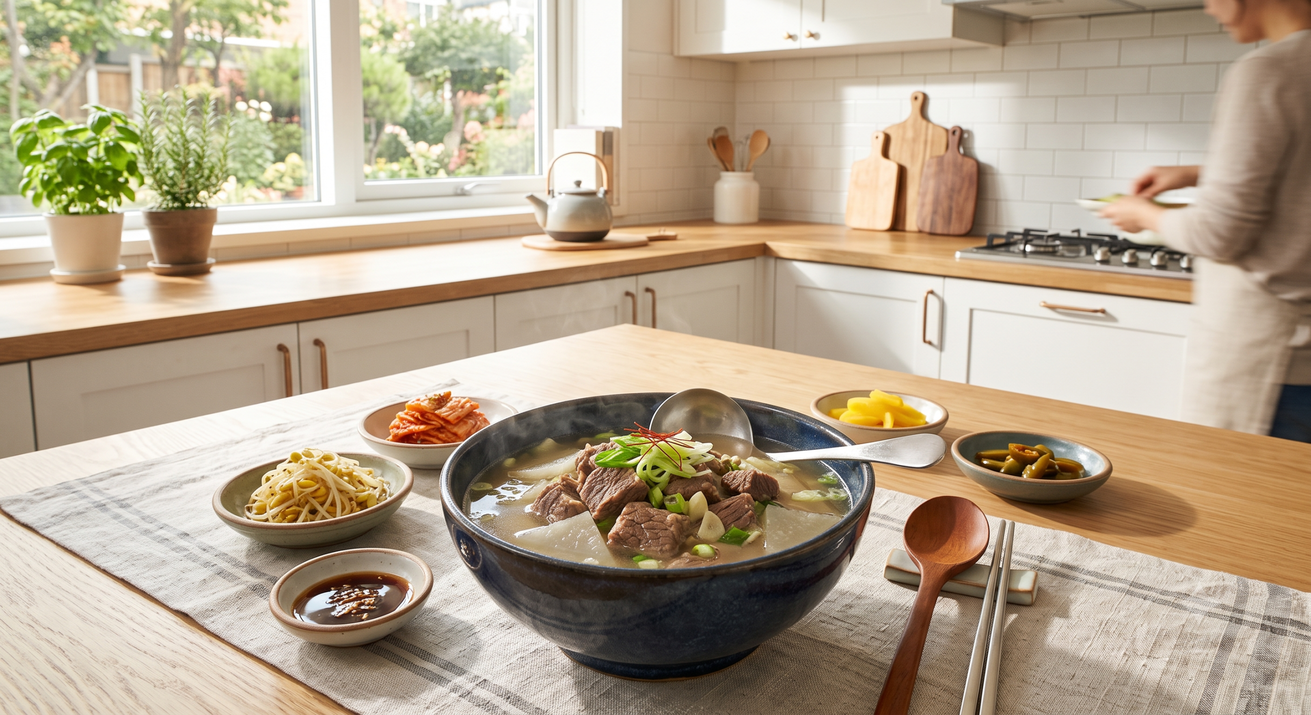 A detailed close-up photograph of a steaming bowl of traditional Korean beef and radish soup (Sogogi Muguk) filled with tender beef cubes and white radish, garnished with green onions and garlic. The soup is served on a modern wooden table with five types of Korean side dishes (banchan) and a traditional wooden spoon and chopsticks set, with a bright, sunlit home kitchen in the background.