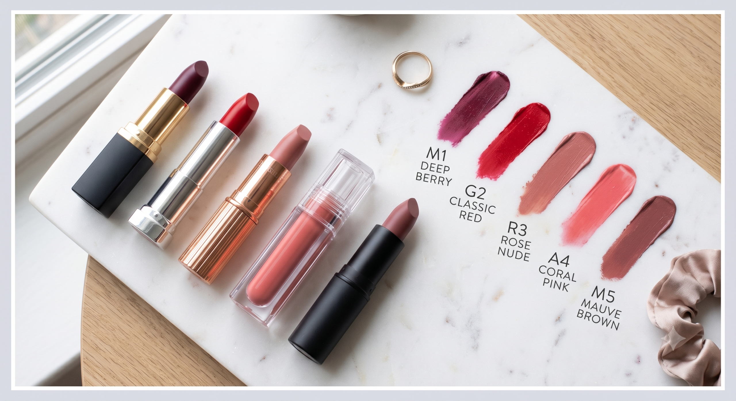 Five unbranded lipsticks and a lip tint displayed on a white marble slab alongside corresponding color swatches labeled Deep Berry, Classic Red, Rose Nude, Coral Pink, and Mauve Brown, arranged flat lay on a wooden surface.