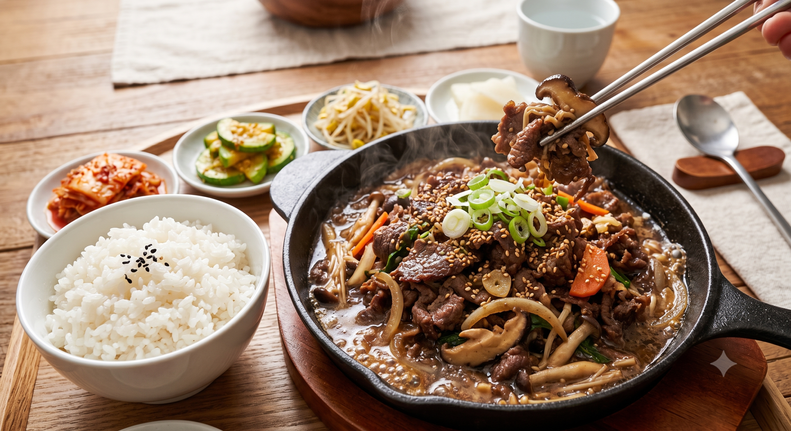 Traditional Korean beef bulgogi in a hot skillet with steamed rice and kimchi