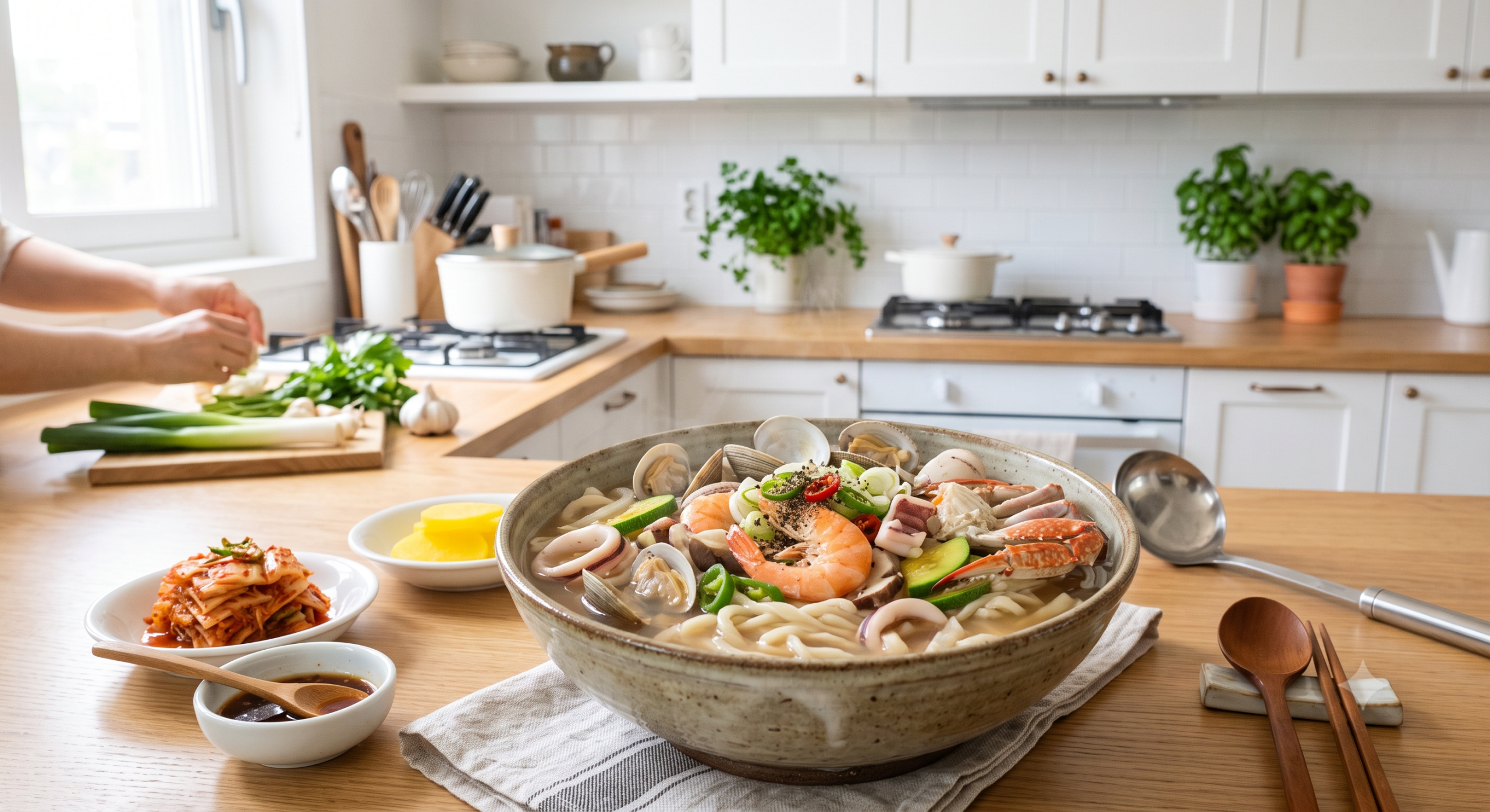 A large ceramic bowl of Korean seafood noodle soup (haemul-kalguksu) with shrimp, clams, squid, and crab, served with side dishes of kimchi and danmuji on a modern kitchen counter with a window in the background.