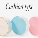 Three Blanc Diva cushion foundation compacts aligned side by side against a clean white background under the heading 'Cushion type'. The round cases feature pastel lid colors in cream beige, sky blue, and soft baby pink, each engraved with the silver Blanc Diva logo