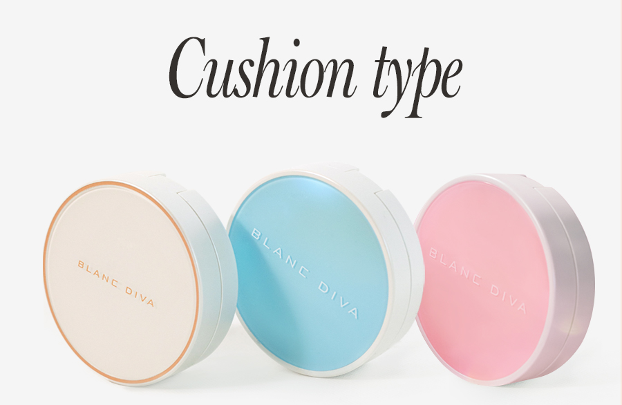 Three Blanc Diva cushion foundation compacts aligned side by side against a clean white background under the heading 'Cushion type'. The round cases feature pastel lid colors in cream beige, sky blue, and soft baby pink, each engraved with the silver Blanc Diva logo